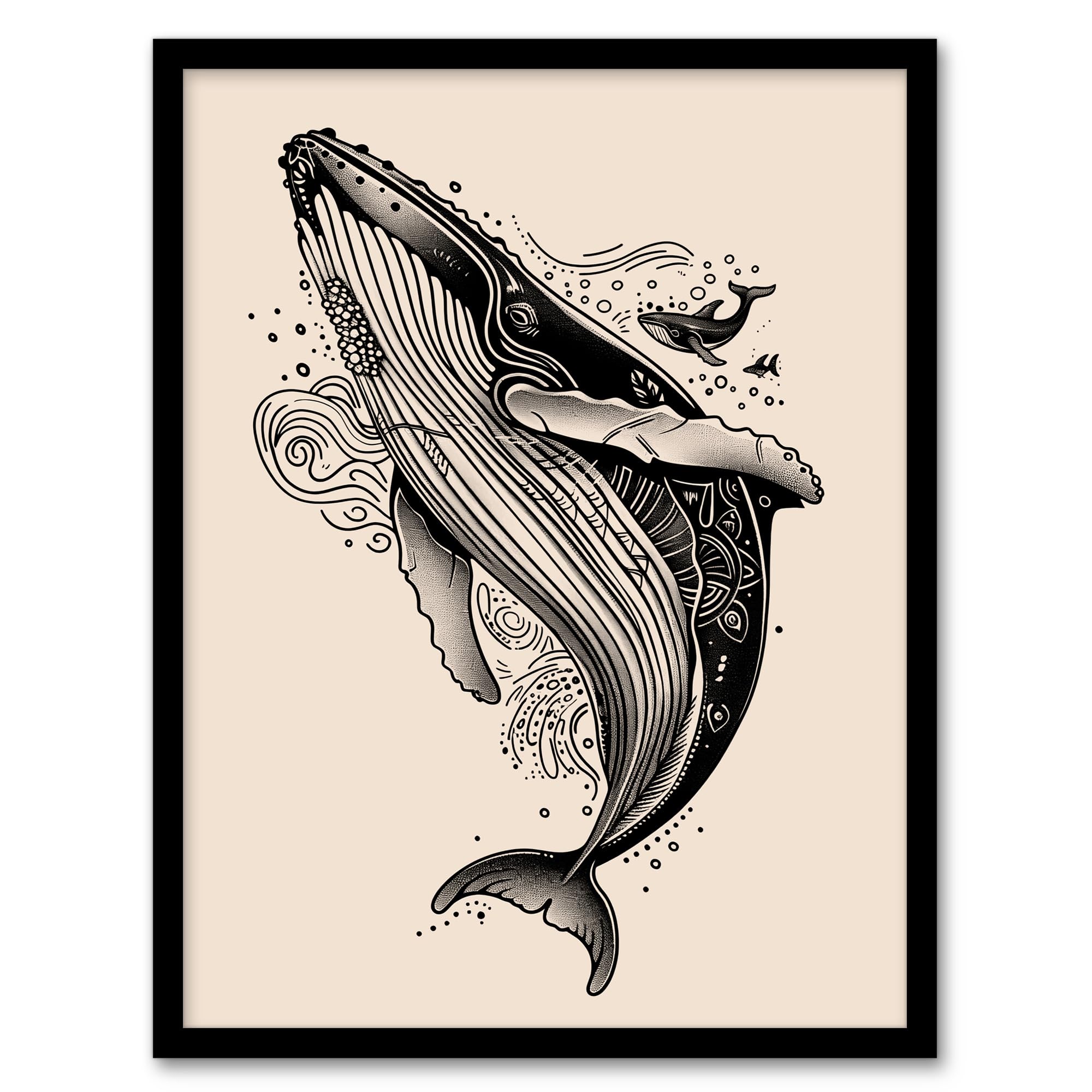 Artery8 Humpback Whale with Tribal Patterns Tattoo Style Bathroom Toilet Artwork Framed Wall Art Print A4