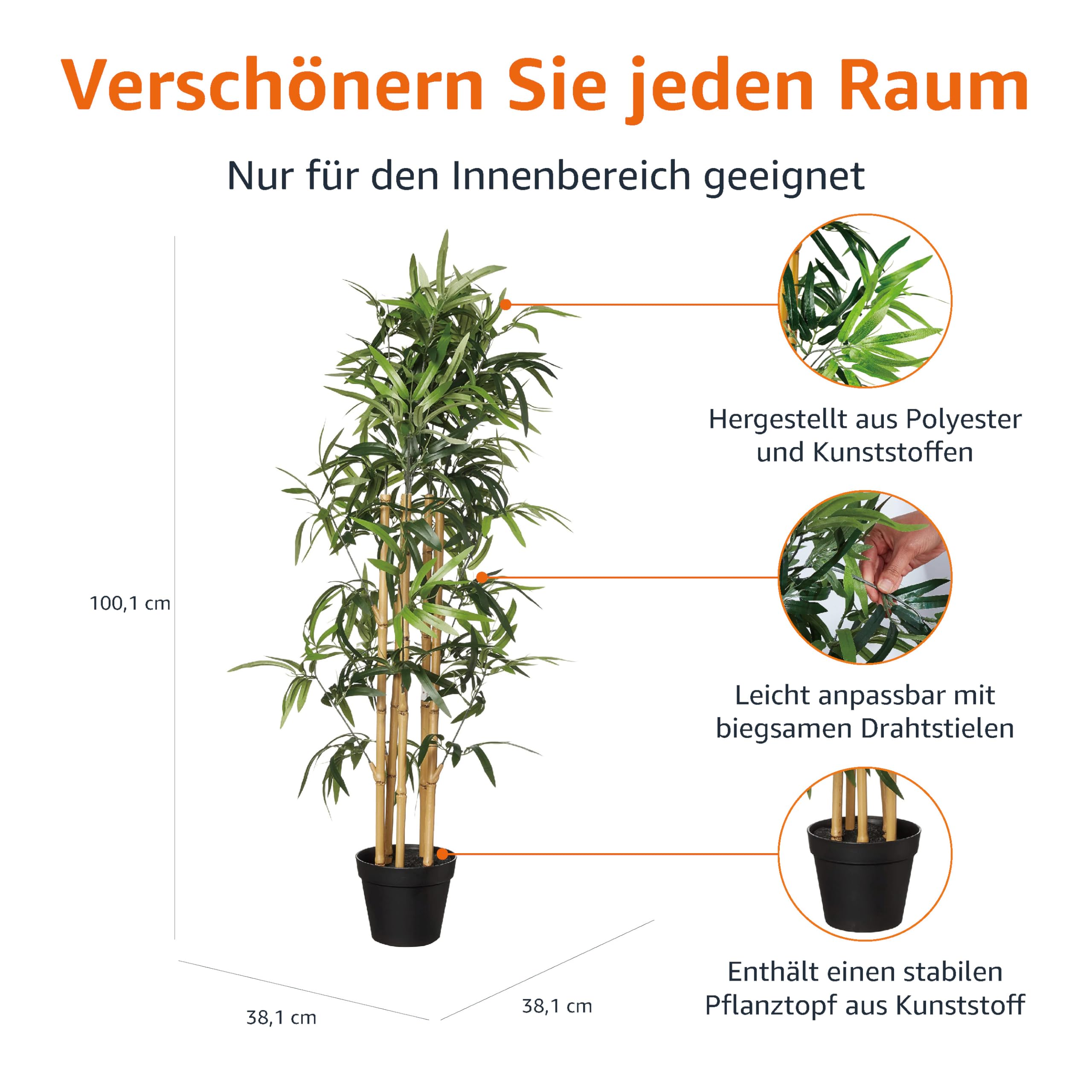 Amazon Basics künstliche Bambus pflanze mit Kunststoff-Blumentopf, 100 cm, Grün