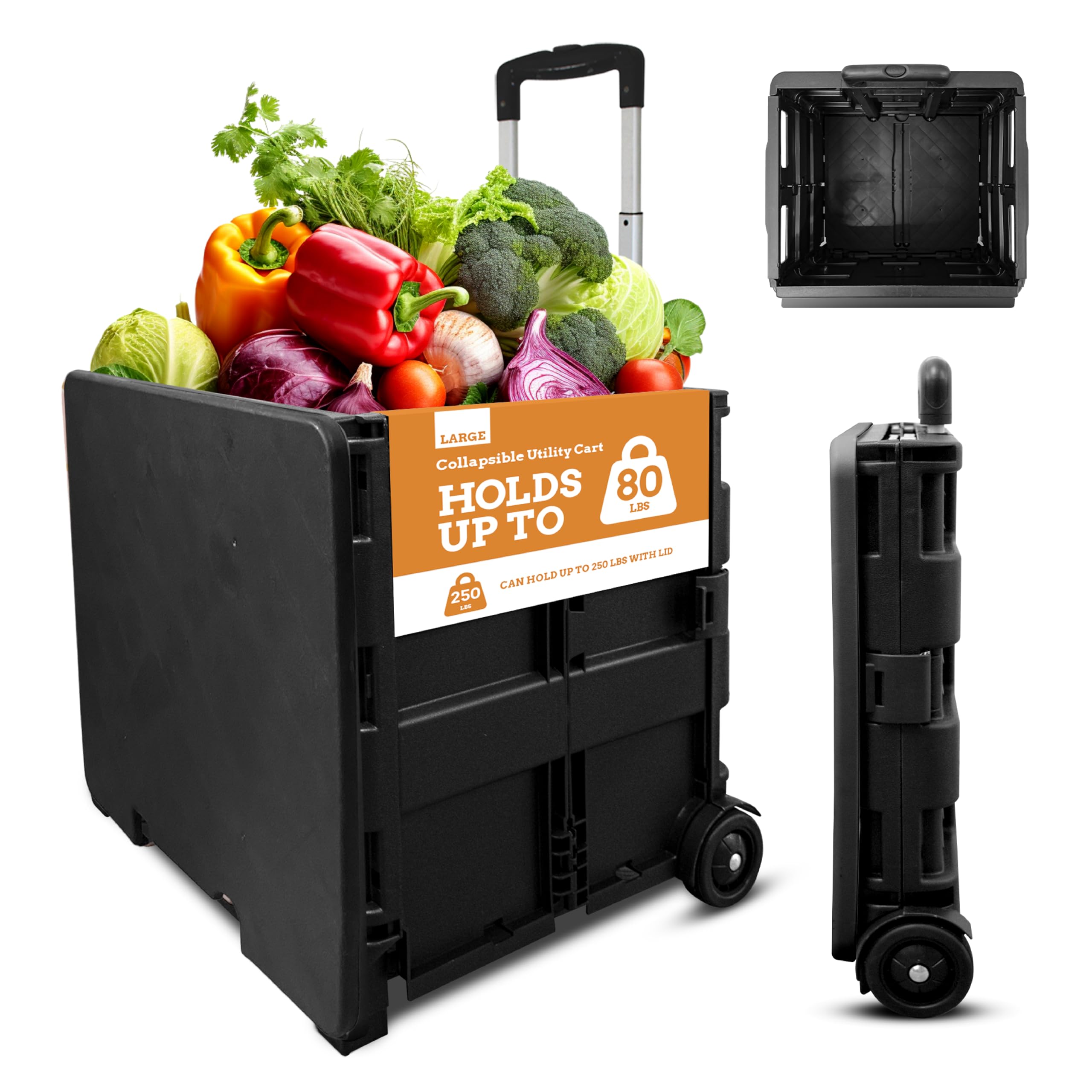 Photo 1 of **BOTTOM IS CRACKED ON SIDE***Inspired Living Collapsible Ultra-Slim Pack-N-Roll,2 Wheel Utility Cart w/Lid used as Seat up to 250 Lbs, Telescopic Handle - Super Strong, for Home, Garden, Shopping, Office, School use, Large, Black
