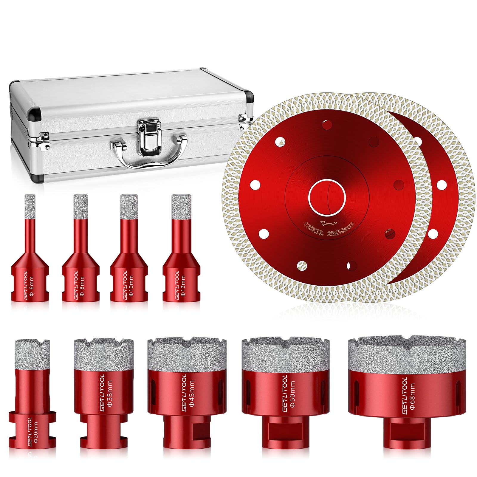 GETLITOOL Set Punte Diamantate 11 Pezzi per Smerigliatrice Angolare M14, Taglio Asciutto/Bagnato per Piastrelle, Marmo, Granito, con 9 Punte 6-68mm, 2 Dischi Diamantati 125mm e Valigetta in Alluminio