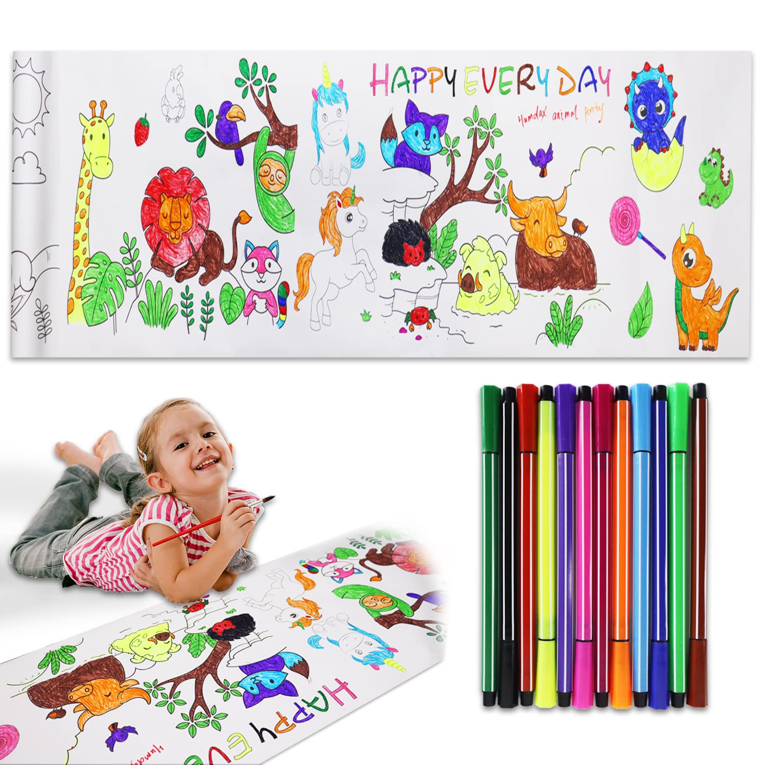 Humdax Coloring Paper Roll for Kids, Children's Drawing Roll with 12pcs Color Drawing Pens, 118*11.8 Inches Drawing Paper Roll for Toddler, Animal Wall Coloring Stickers for Christmas Gift