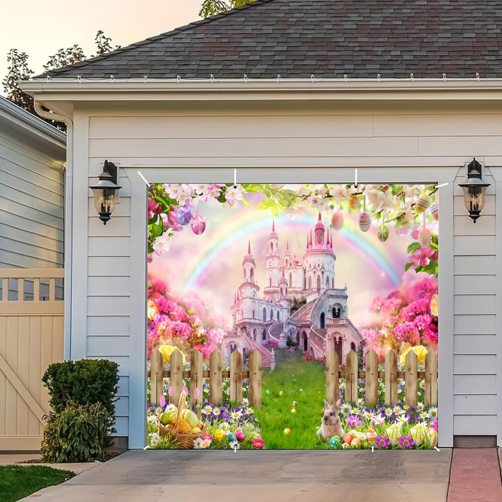Easter Garage Door Cover 7x8ft Spring Easter Backdrop Outdoor Garage Door Banner Large Party Decorations Garden Castle Flowers Floral Bunny Eggs