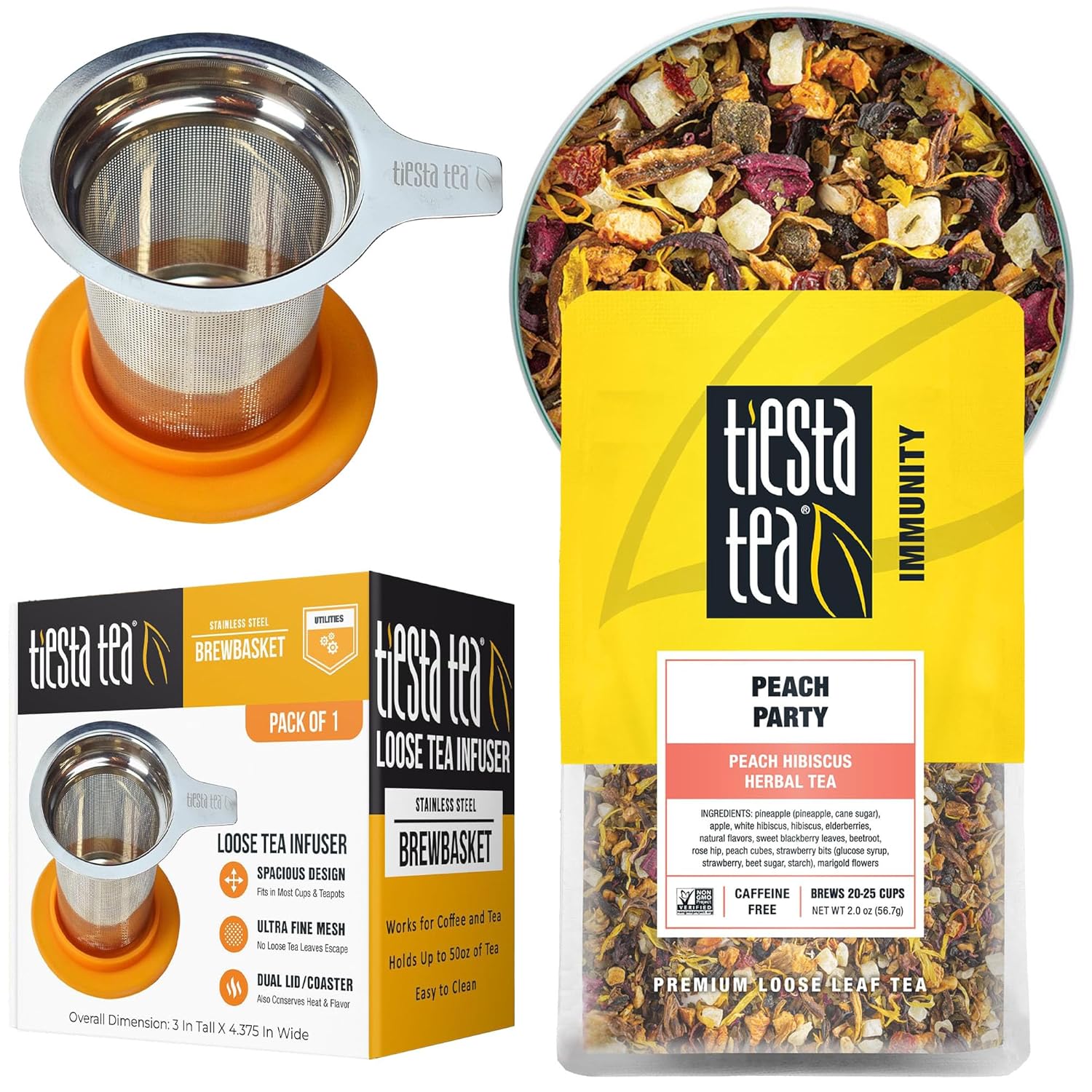 Tiesta Tea - Peach Party Herbal Tea and Brewbasket Infuser Bundle, Peach Hibiscus Tea, Non-Caffeinated, 2oz Refillable Pouch with 5oz Reusable Stainless Steel Strainer