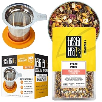 Tiesta Tea - Peach Party Herbal Tea and Brewbasket Infuser Bundle, Peach Hibiscus Tea, Non-Caffeinated, 2oz Refillable Pouch with 5oz Reusable Stainless Steel Strainer
