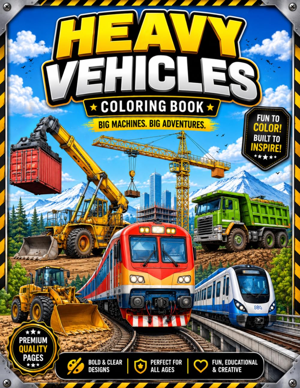Heavy Vehicles Coloring Book for Boys: 25+ Exciting Coloring Pages of Trucks, Cranes, Excavators, Trains & Powerful Machines