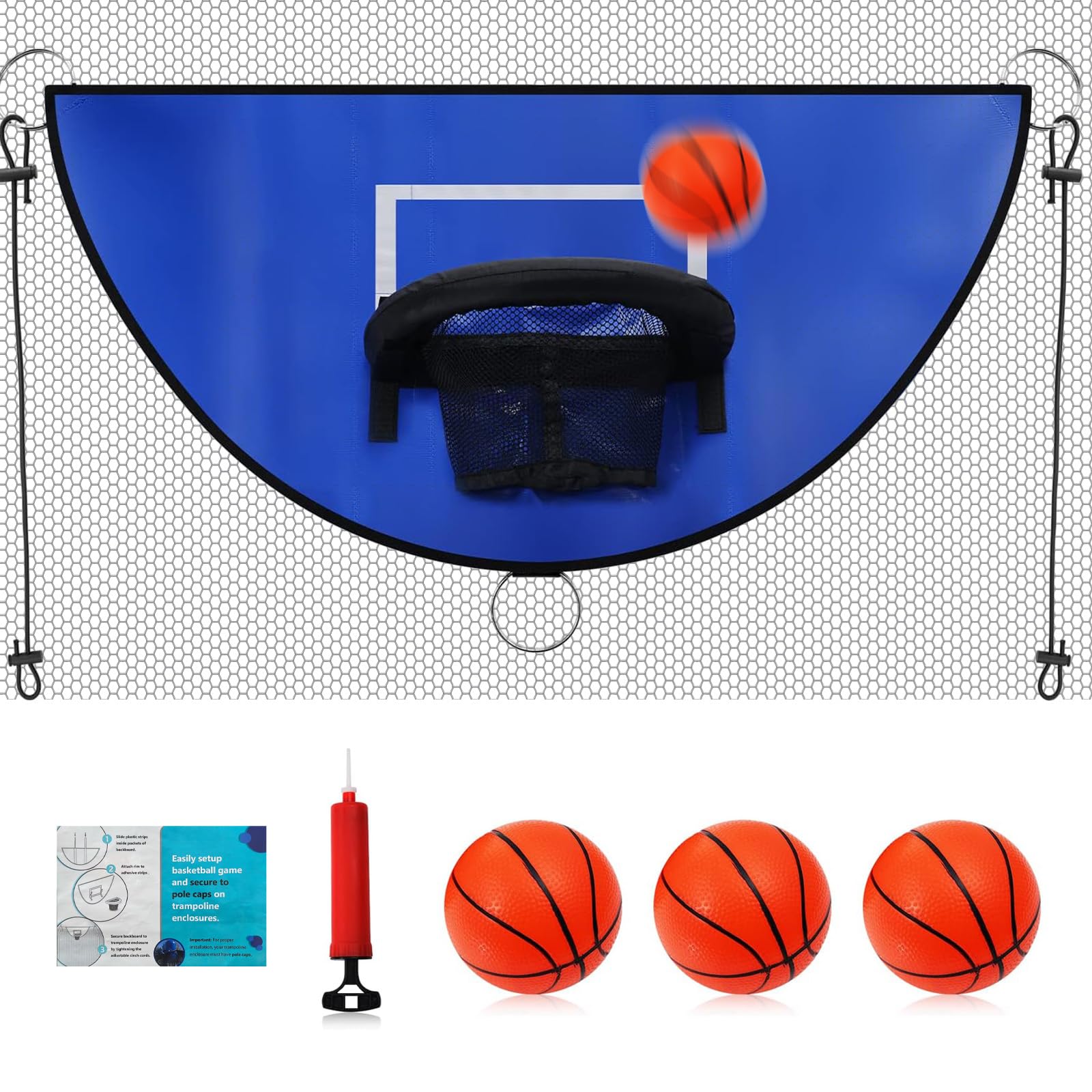 MeYuxg Zestaw koszykarski do trampoliny, mini kosz do koszykówki, odrywana krawędź do zanurzenia, wodoszczelny kosz do koszykówki, trampolina z 3 mini piłkami do koszykówki, akcesoria do trampoliny