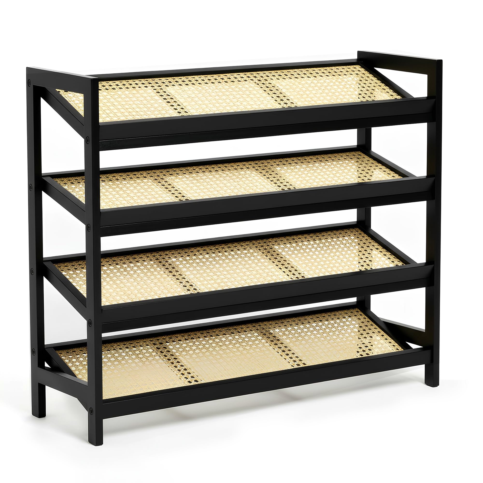 Keplin Bamboo And Rattan Shoe Rack Organiser, And Natural, 4 Tier Black