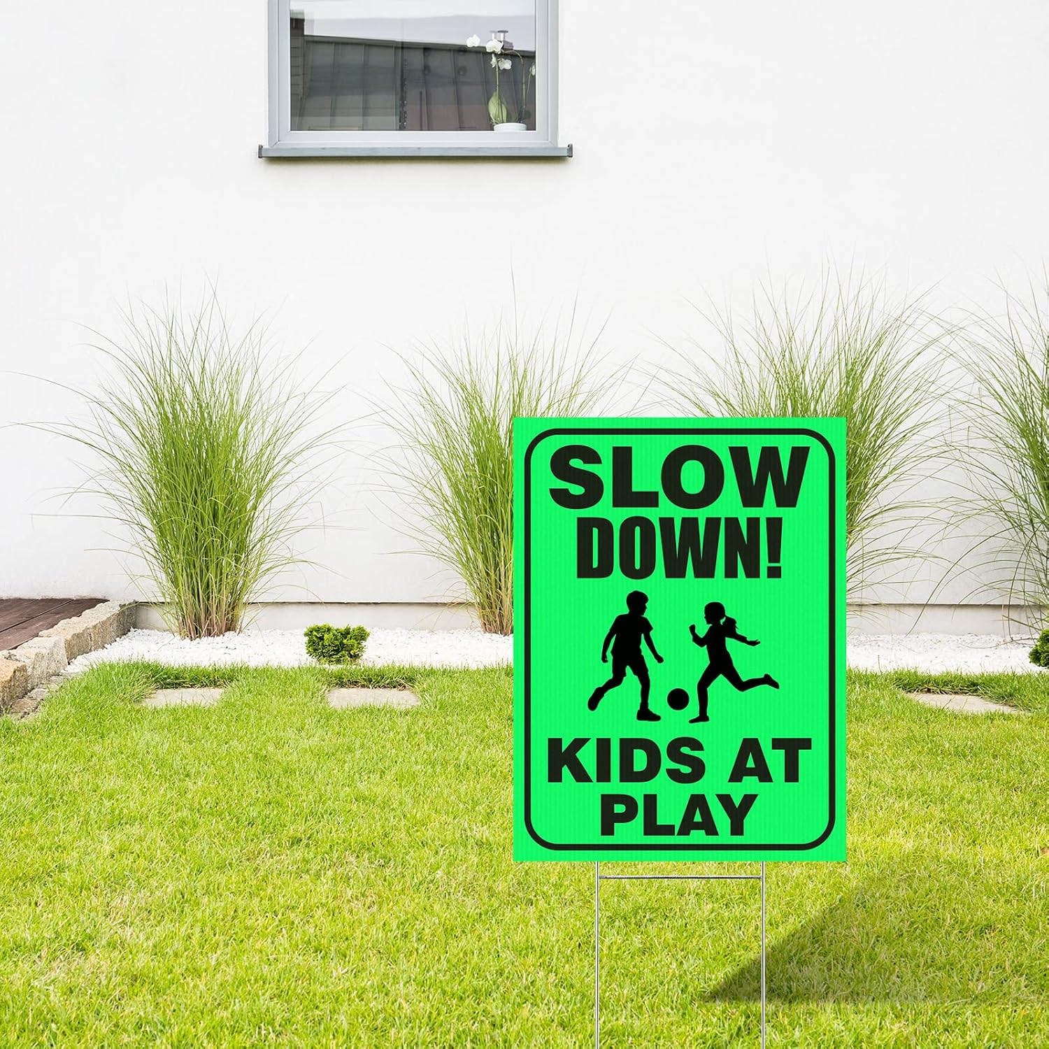 Outus 4 Pieces Slow Down Kids At Play Sign with Metal Stake, 12 x 16 Inch Kids At Play Safety Signs, Double Sided Child Safety Caution Signs, Children Sign for Street Lawn Neighborhoods(Green)
