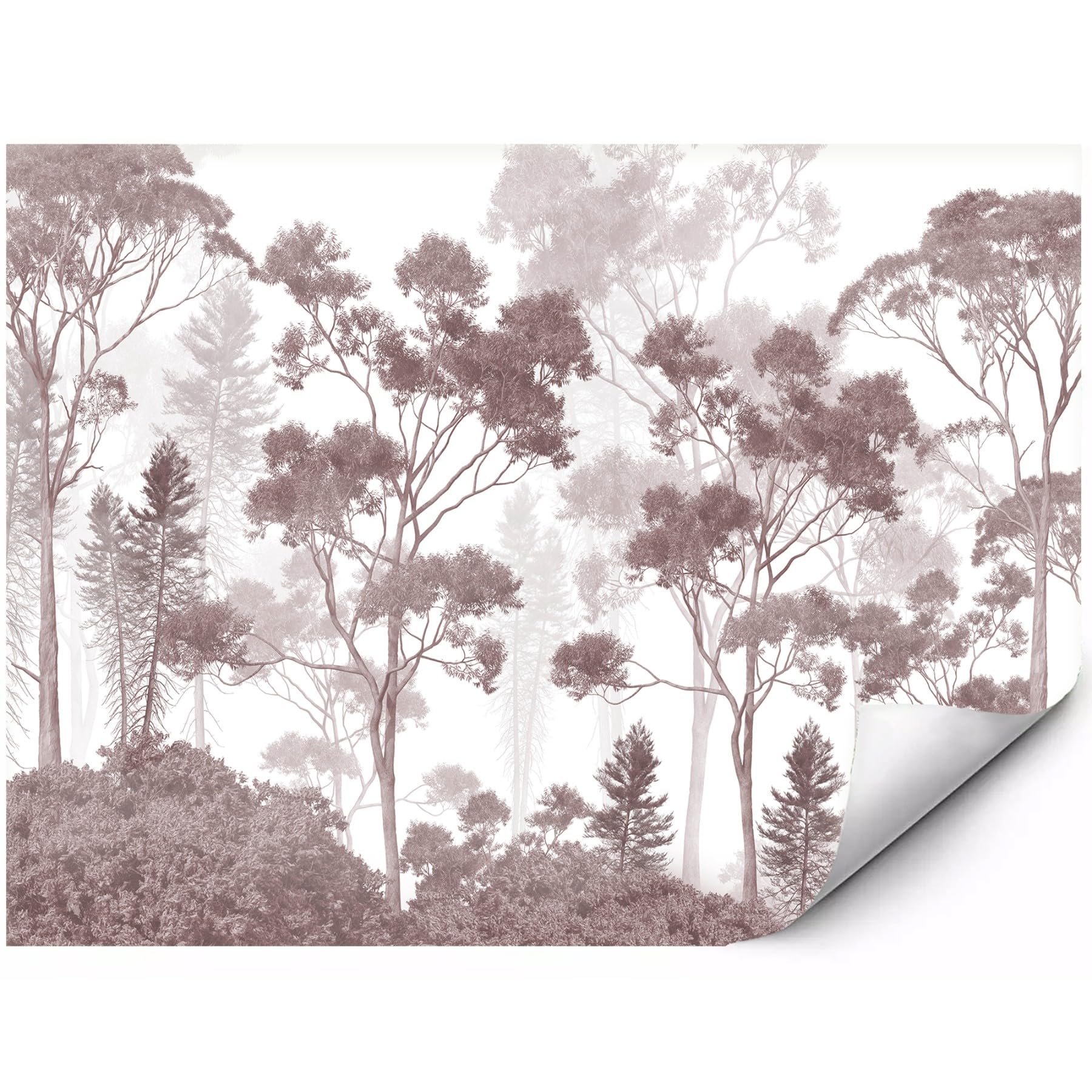 Fototapeta samoprzylepna z lasem mgiełkowym drzewami nowoczesny róż | Folia samoprzylepna Japandi krajobraz skandynawski elegancki naturalny fototapeta do salonu sypialni biura 350x250 cm
