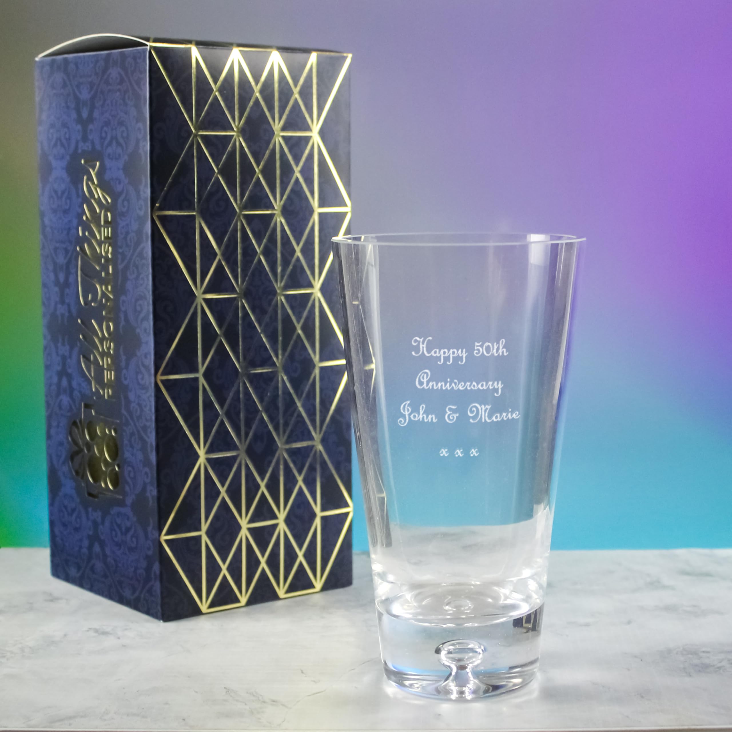 Jarrón cónico con base de burbujas grabado personalizado de 18 cm, personalizable con cualquier nombre o mensaje, caja de regalo incluida, grabado con láser, recuerdo a medida para boda, cumpleaños