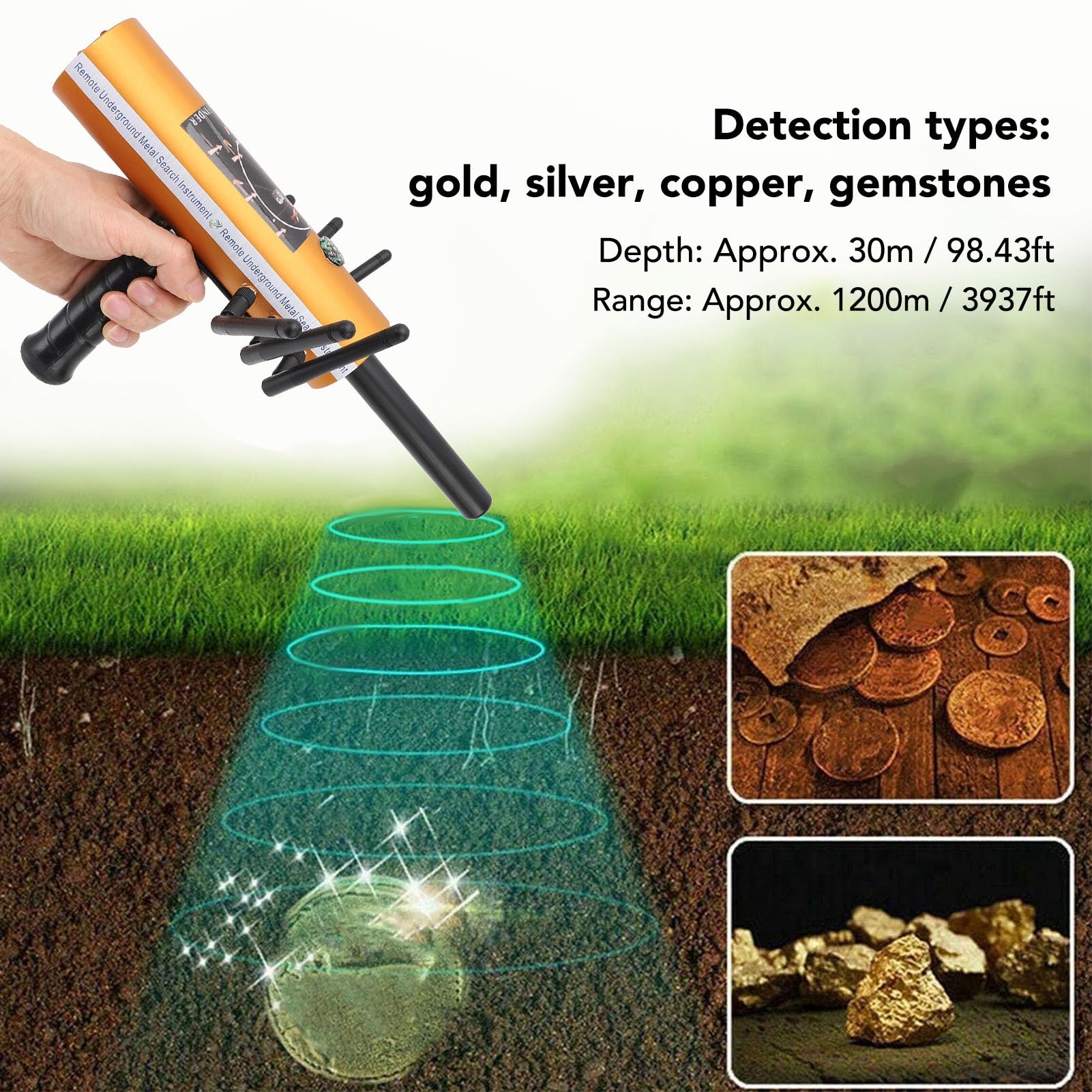 SIXRUN Detector de Metales Profesional, Buscador de Oro Plata Cobre y Piedras Preciosas con Alcance de 1200m y Detección de 30m de Profundidad para Exploración de Tesoros Subterráneos