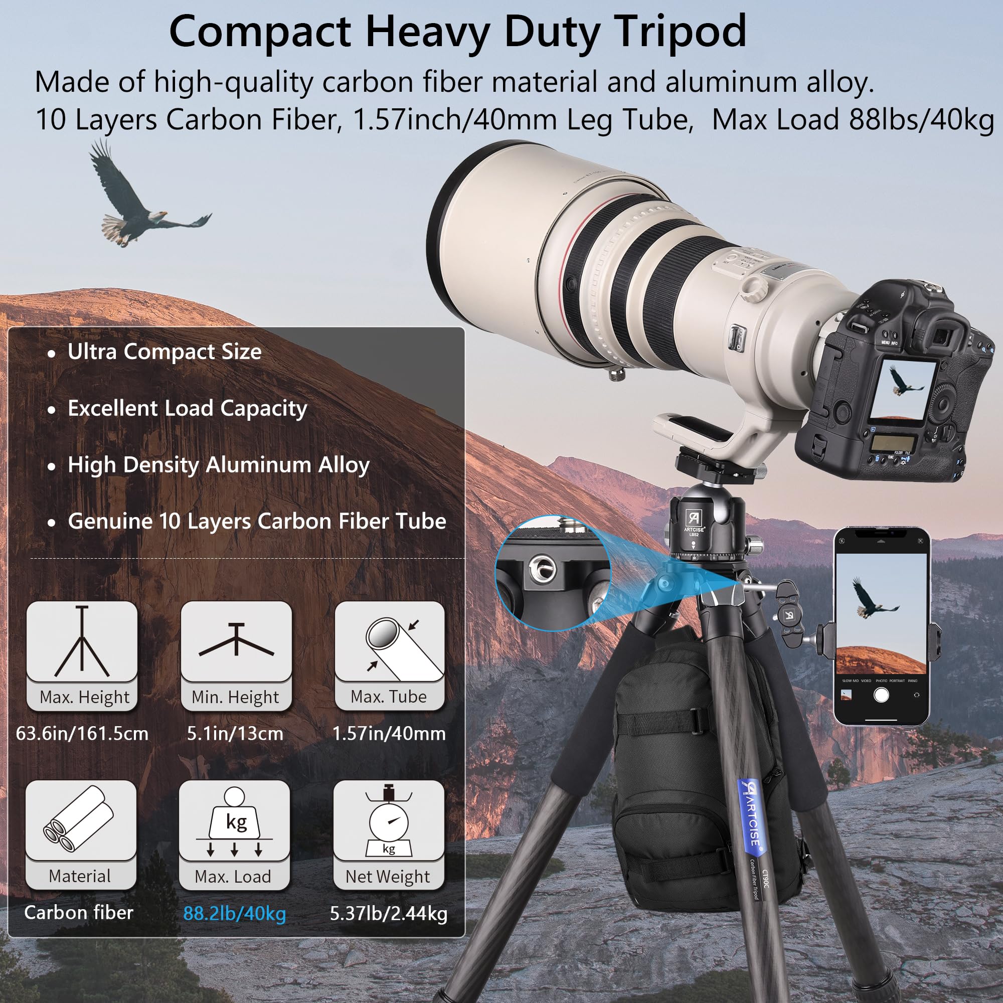 ARTCISE CT90C - Treppiede compatto in fibra di carbonio con borsa in pietra, supporto per fotocamera da viaggio per fotocamere DSLR Canon, Sony, Nikon, Carico massimo 39,9 kg