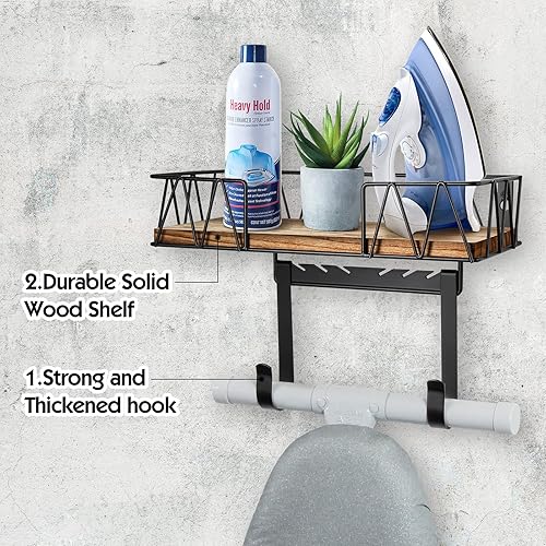Miniatura 2 de TJ.MOREE Soporte de pared para tabla de planchar  Soporte para plancha y tabla de planchar con cesta de base de madera grande de almacenamiento y