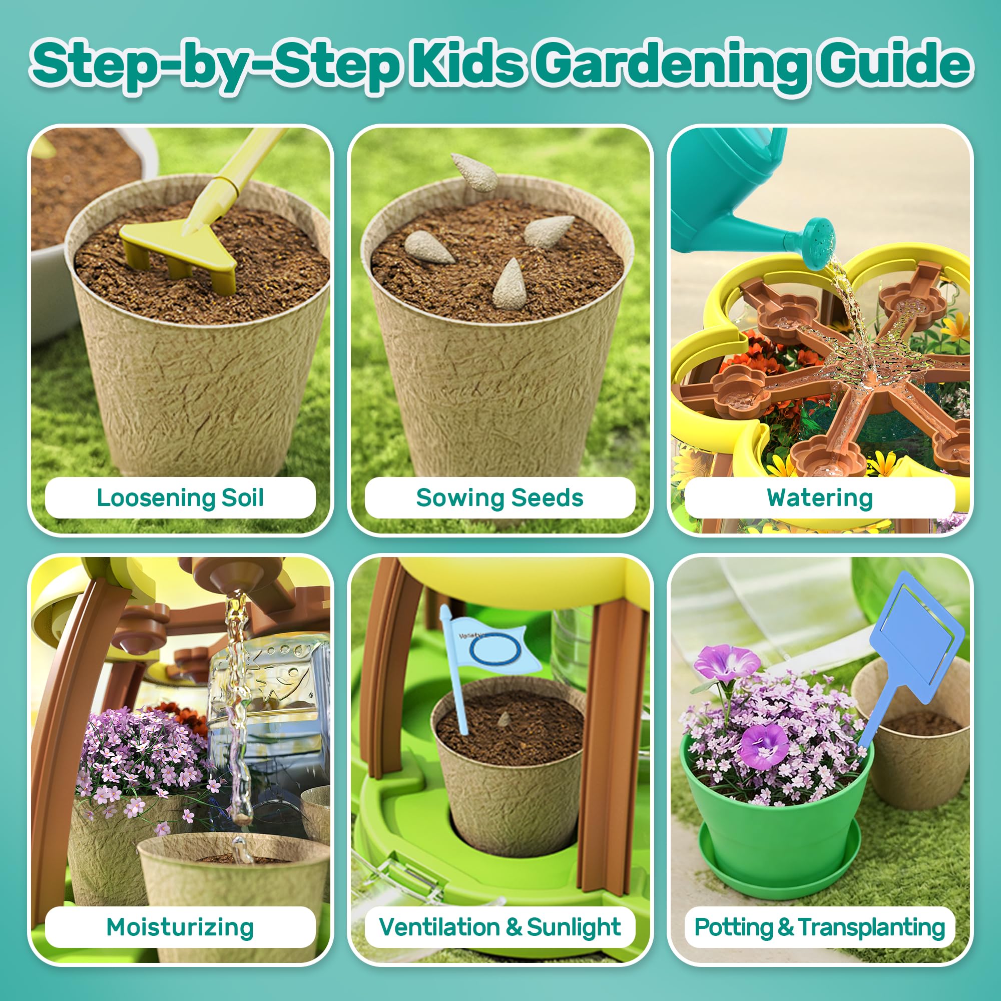 Cute Stone Ensemble de Jardinage Enfants, Kit de Culture de Plantes avec brouette, 3 Outils de Jardin en métal, Serre Enfants avec système d'irrigation amélioré, Jouets d'intérieur et d'extérieur