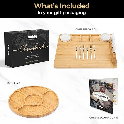 Miniatura 4 de SMIRLY Juego de tablas para charcutería: Tabla rectangular de bambú para queso marrón rústico con accesorios de embutidos y bandeja redonda de