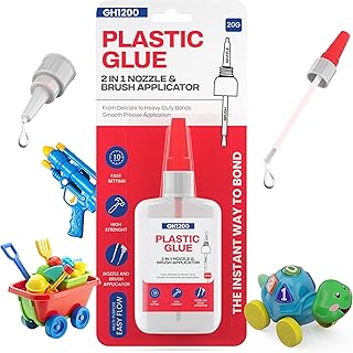 GH1200 (2-in-1) Super Glue for Plastic with Brush Applicator & Nozzle - Fast Setting Plastic Glue Heavy Duty for Solid Bonds, DIY & More, Crystal Clear & No Stain Glue