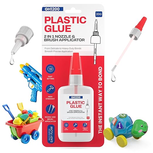 GH1200 (2-in-1) Super Glue for Plastic with Brush Applicator & Nozzle - Fast Setting Plastic Glue Heavy Duty for Solid Bonds, DIY & More, Crystal Clear & No Stain Glue