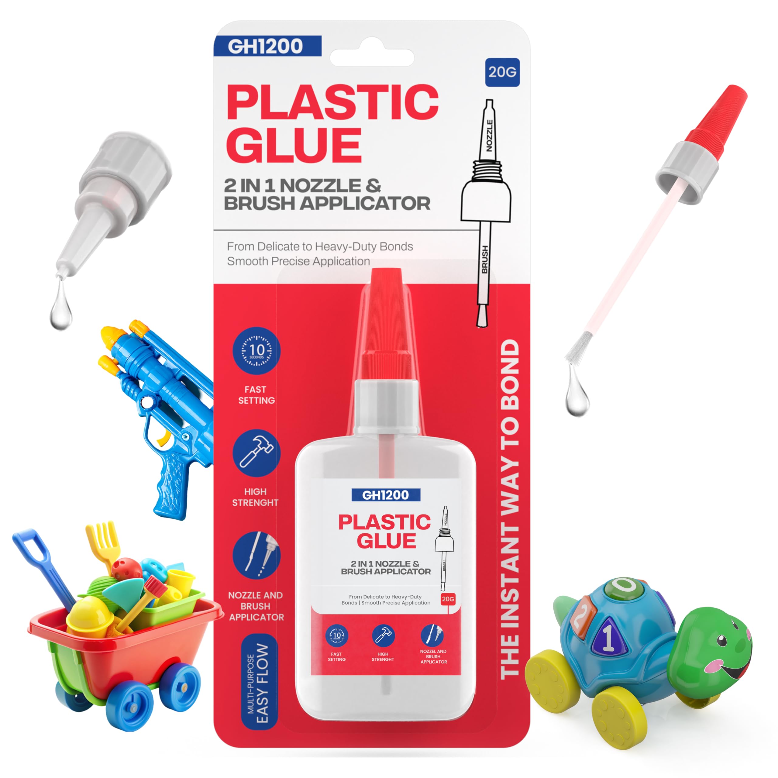 GH1200 (2-in-1) Super Glue for Plastic with Brush Applicator & Nozzle - Fast Setting Plastic Glue Heavy Duty for Solid Bonds, DIY & More, Crystal Clear & No Stain Glue