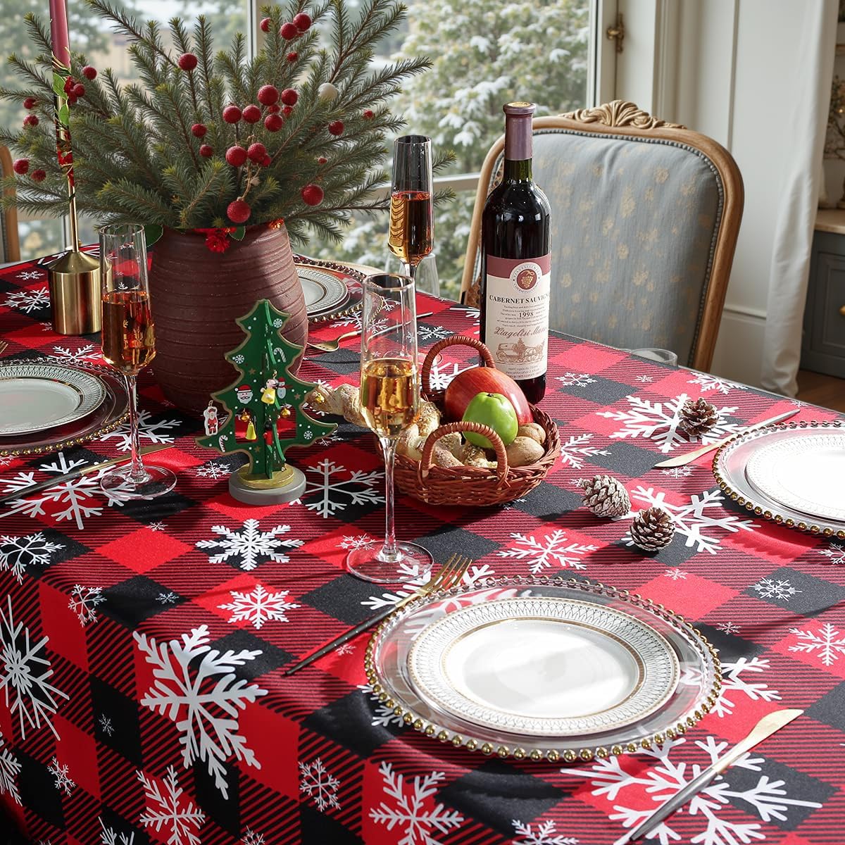 Mantel de Navidad rectangular, mantel a cuadros con decoraciones de copo de nieve, pesado y a prueba de derrames, para comedor, fiestas y vacaciones (patrones de nieve, rectangular, 60 x 84 pulgadas