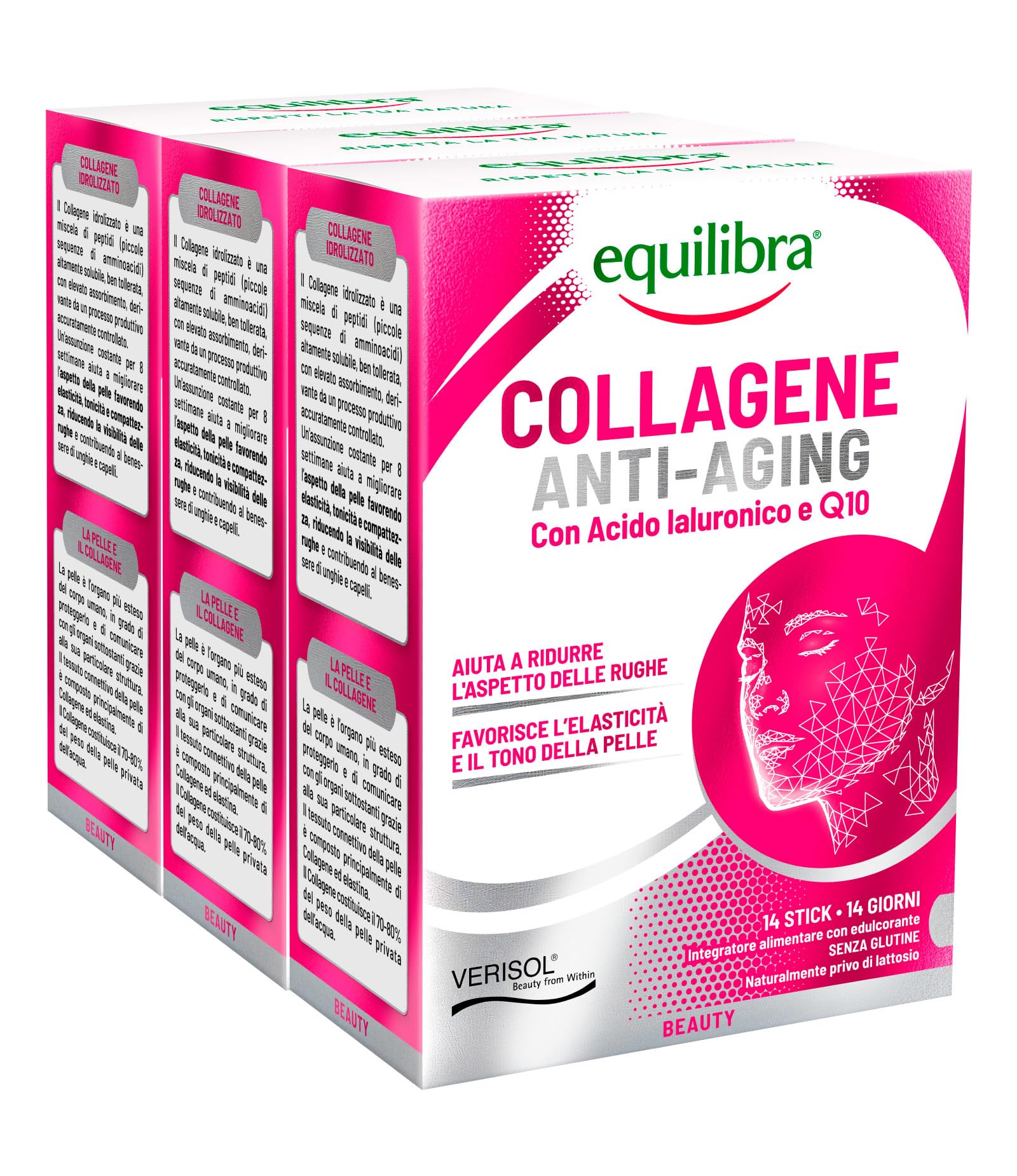 Equilibra Collagene Anti-Aging Integratore Alimentare in Polvere con Acido Ialuronico e Coenzima Q10 Anti Rughe per Elasticità e Tono della Pelle Senza Glutine - 42 Stick Monodose