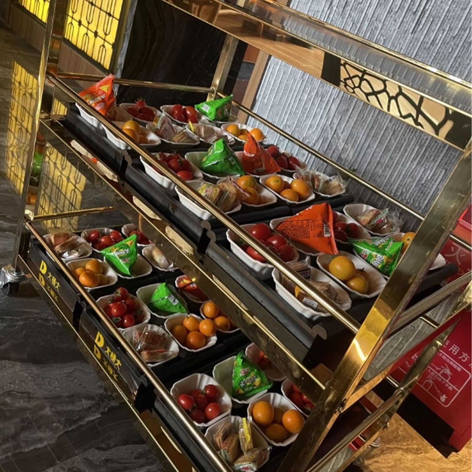 Carrito de Servicio de Alimentos de Tres Niveles de Acero Inoxidable de Alta Resistencia con Ruedas, Carrito portátil de Empuje Manual para Catering de Aperitivos para hoteles, KTV, restaura