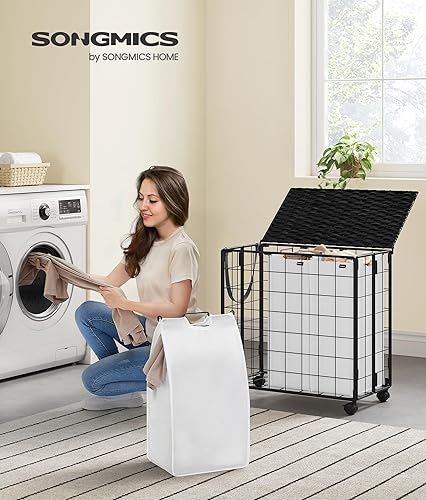 Miniatura 2 de SONGMICS Cesta de lavandería con ruedas, tapa, cesta de ropa plegable, 3 bolsas de forro extraíbles, carrito de lavandería con ruedas de 130 L,