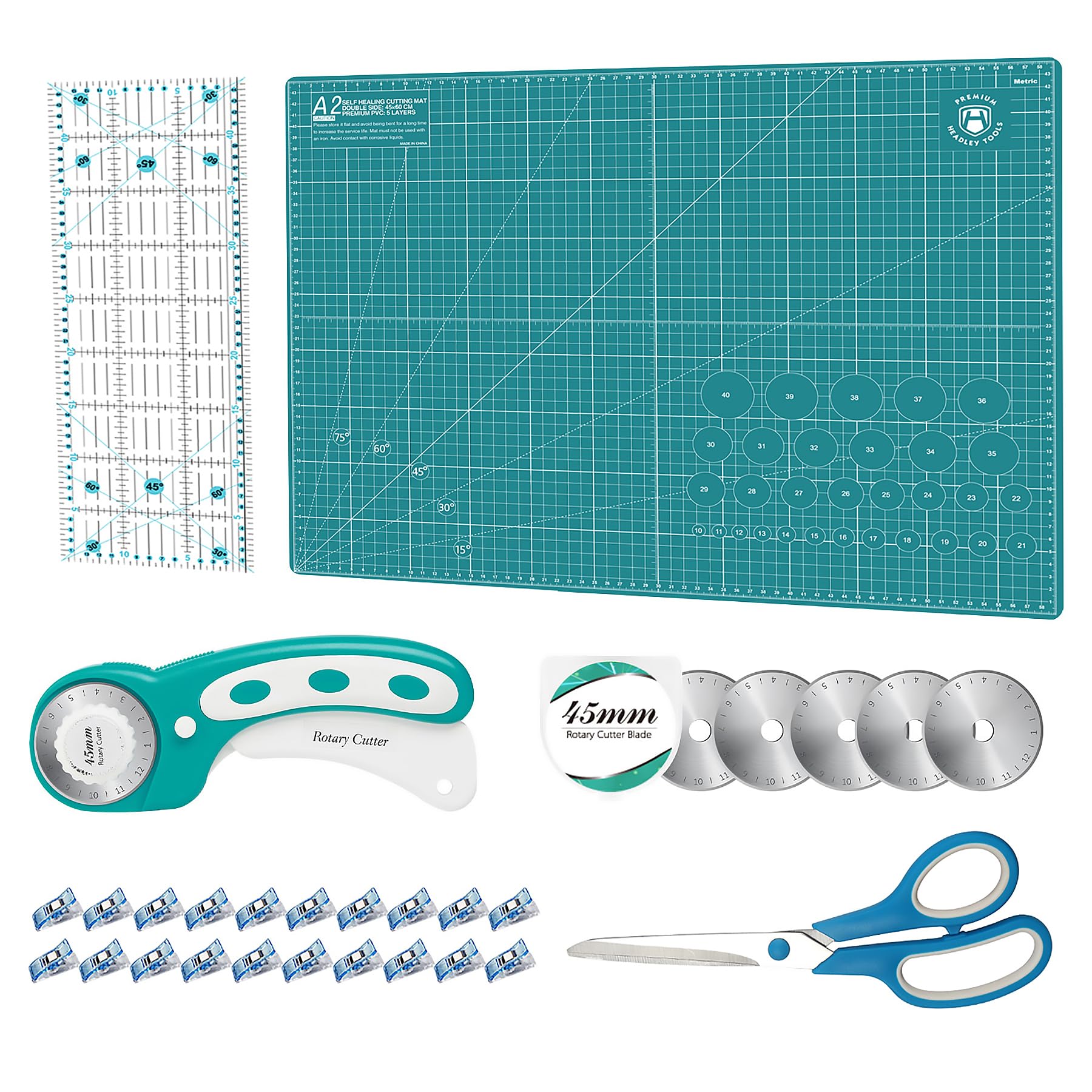 Rollschneider Set Türkis - 45mm Rollschneider Stoffschneider Set inkl. A2 Schneidematte, Rollschneider, Ersatzklingen, Patchwork-Lineal, Stoffklammern, Scheren ideal zum Basteln, Nähen, Patchworken
