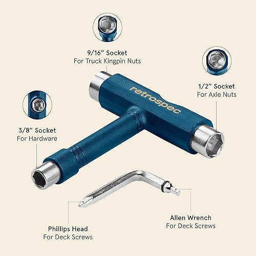 Miniatura 10 de Retrospec Upkeep - Herramienta de patinaje portátil multifunción todo en uno con llave Allen 2 en 1 y destornillador Phillips para ajustar y apretar
