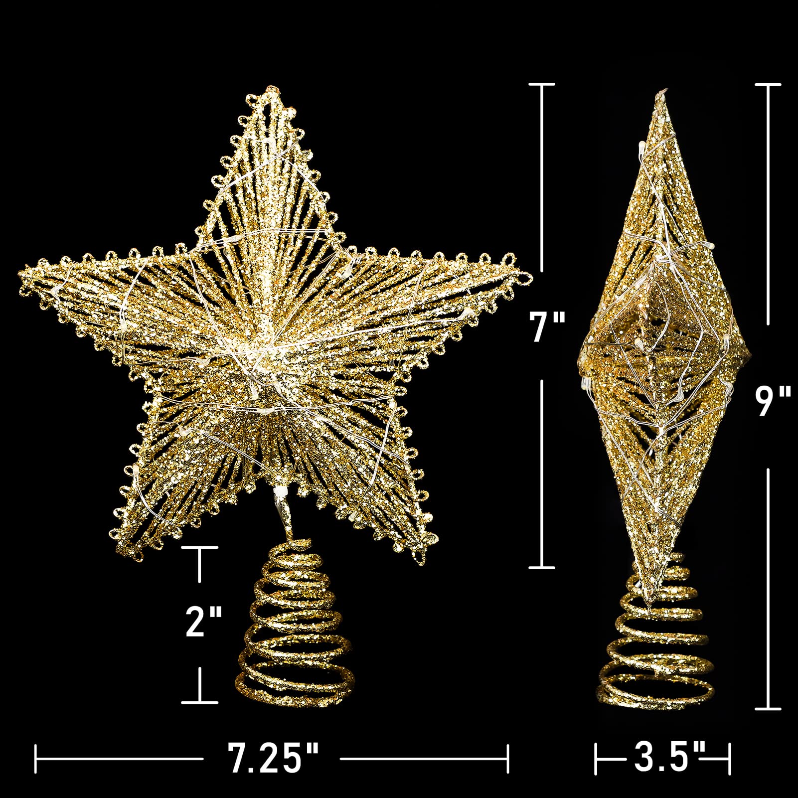 Cimier de sapin de Noël en forme d'étoile à paillettes dorées - Blanc chaud - 20 lumières - Fonctionne à piles avec minuteur - En métal creux - Pour sapin de Noël de 0,9 à 1,8 m