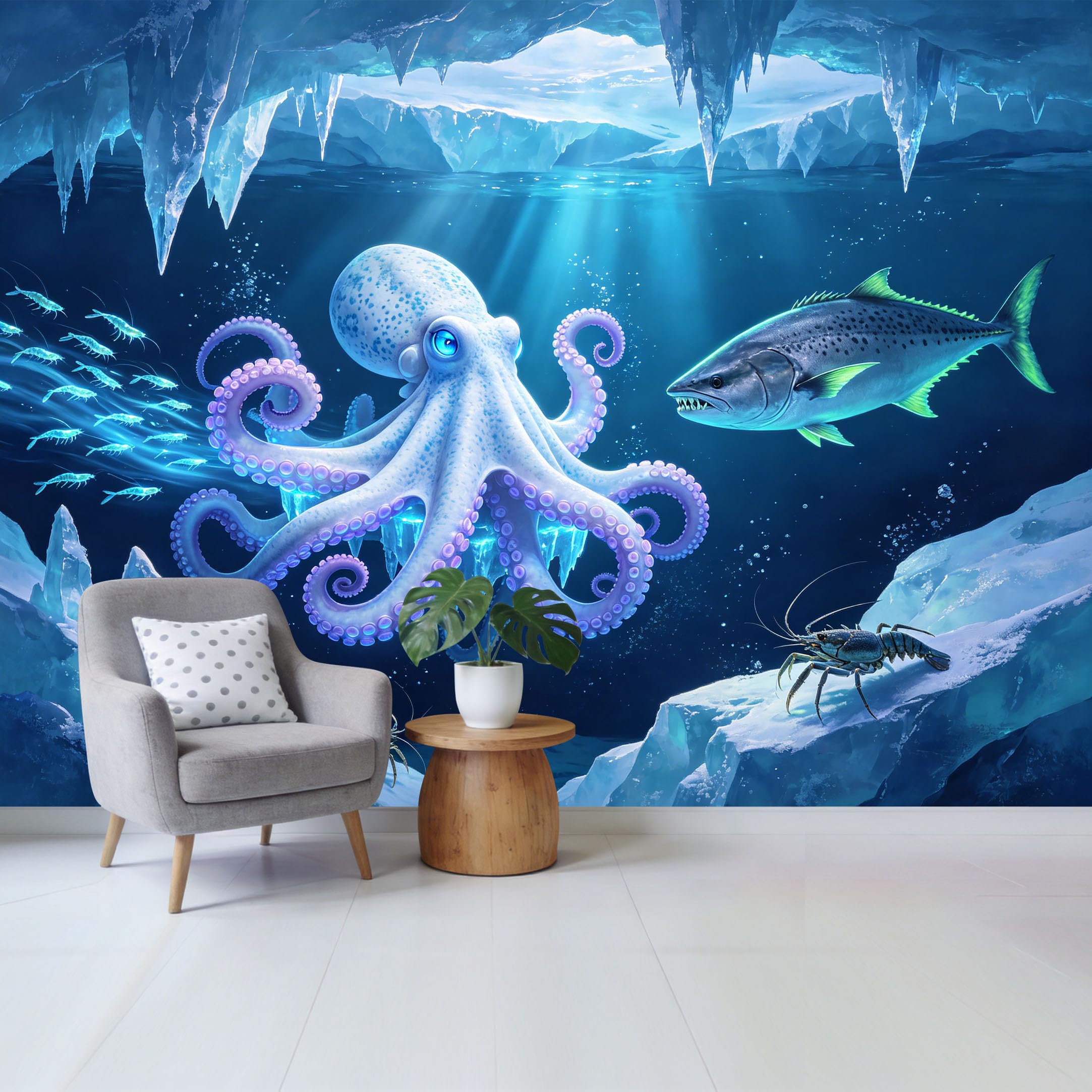 Custom Size Wall Mural Underwater Octopus Fish Iceberg Marine 3D Trompe L'Oeil Removable Self Adhesive Fabric， Home Wall Decor for Living Room Bedroom Bathroom