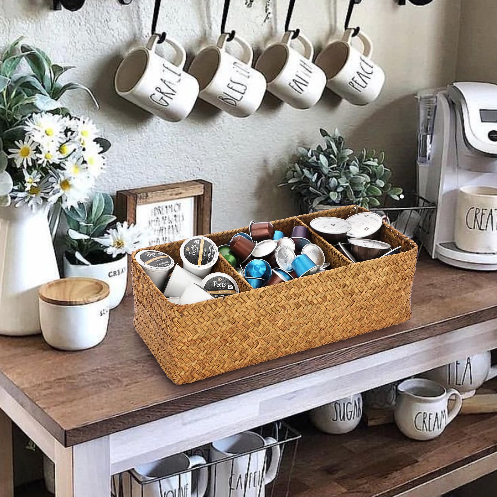 ELLDOO Cesta de almacenamiento tejida de mimbre de mimbre de hierba marina, organizador de cápsulas de café de gran capacidad para cápsulas K Cup Nespresso, caja de almacenamiento de hierba marina de