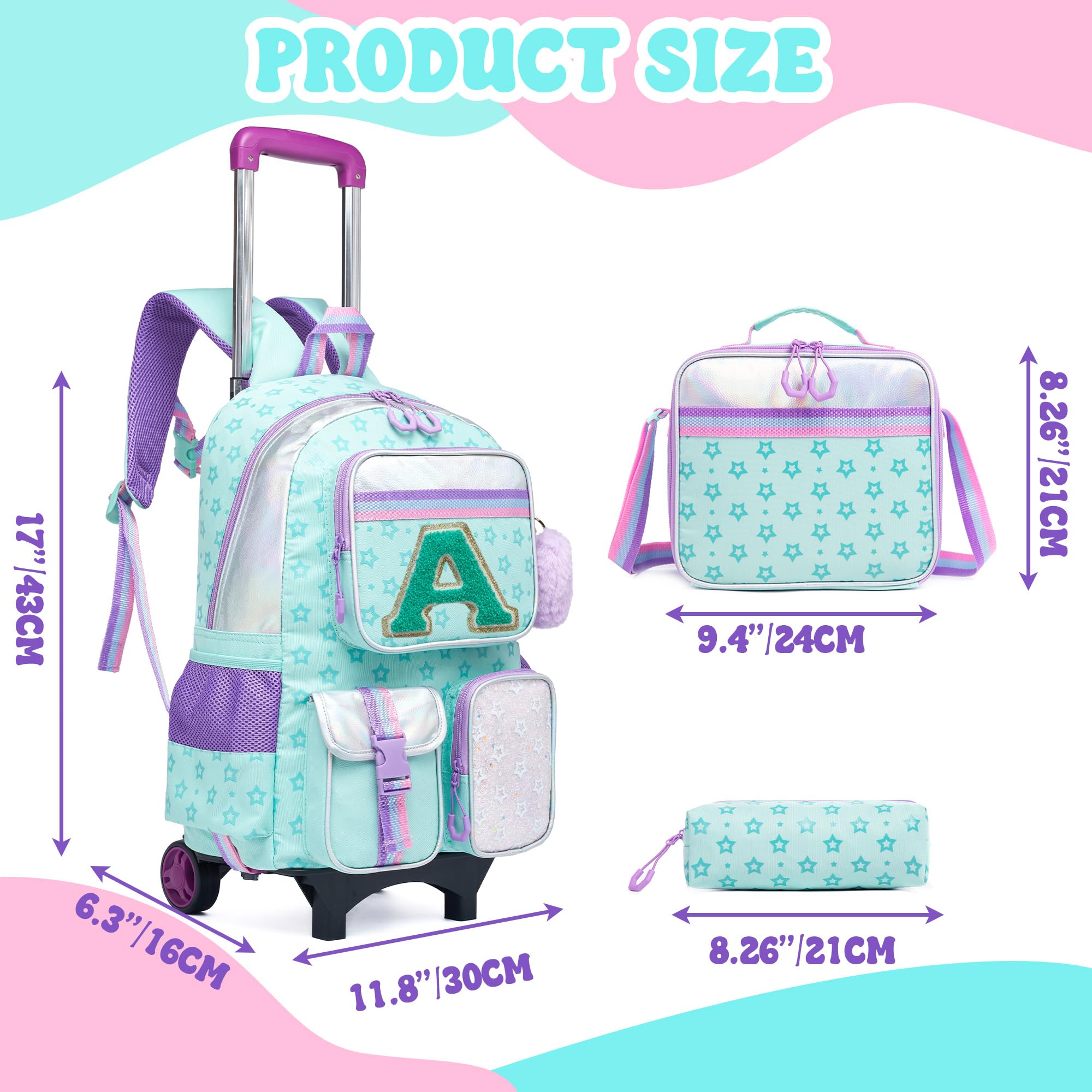 HTgroce Zaino Trolley Scuola Elementare Bambina con Lettera A – Set 3 Pezzi con Borsa per la Merenda e Astuccio – Zainetto con Ruote 2-in-1 Ergonomico per Scuola e Viaggio