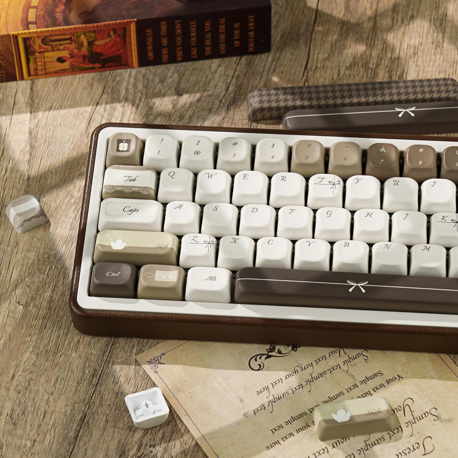 145 Keys Retro PBT Keycaps: Brown Beige Vintage Colorway, 5-Side Dye Sublimated FOA Profile for ANSI US Layout Mechanical Keyboard