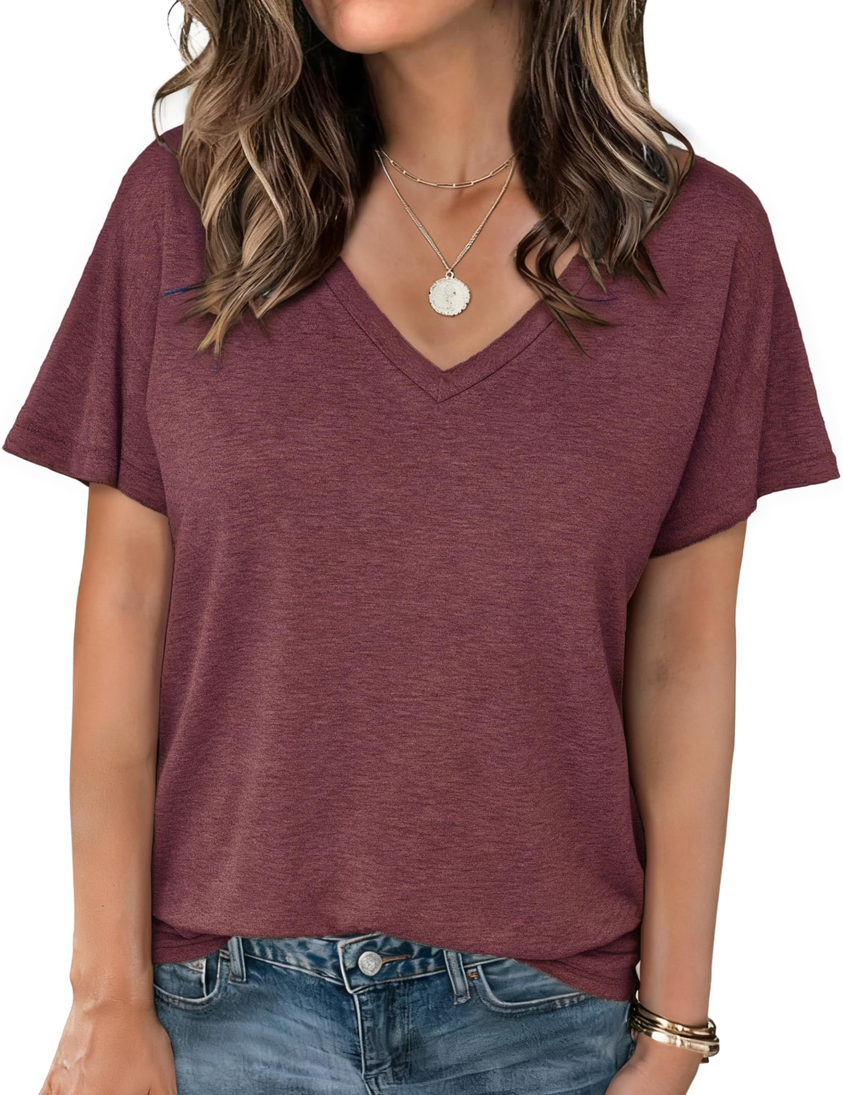 Crewhpo T Shirt Damen Kurzarm Einfarbige Shirts Sommer Basic Shirt Kurzärmeliges Casual Top Stretch Baumwolle Oberteile Lockeres Elegant