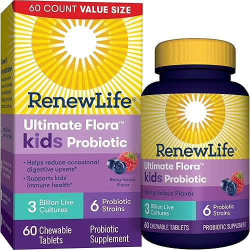 Renew Life Gomitas probióticas para niños, apoya la salud digestiva e inmunológica, sin soja, lácteos y gluten, bayas, 60 tabletas masticables