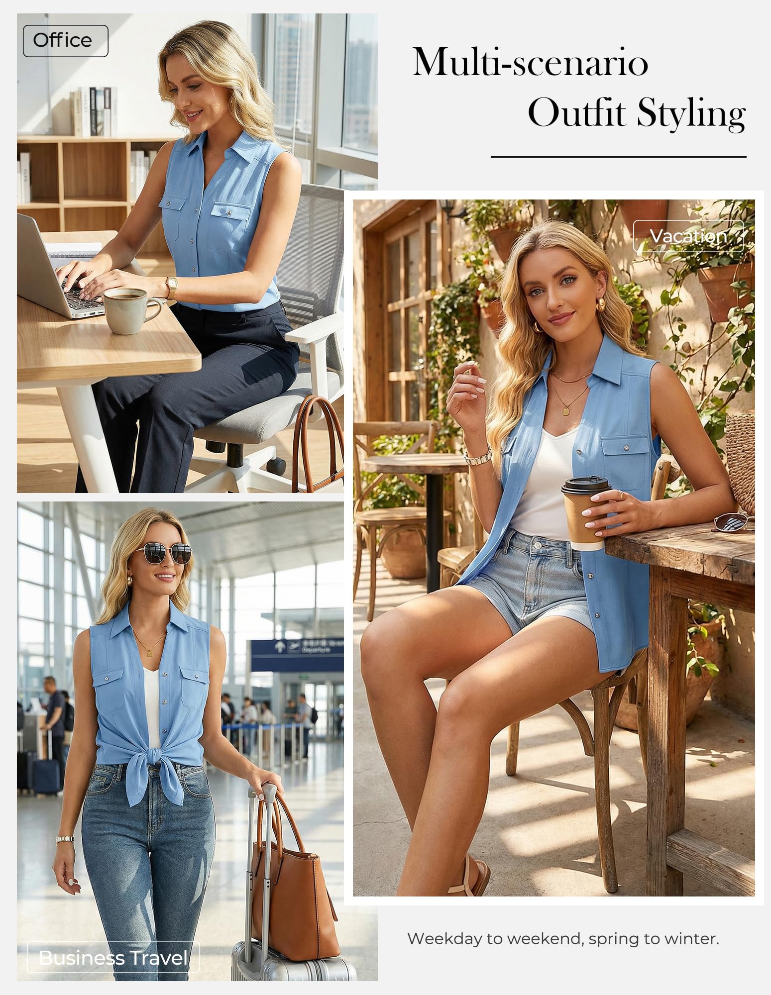 GRACE KARIN Chemise boutonnée sans manches pour femme, col à revers, col en V, chemisier décontracté pour l'été, le bureau, le travail