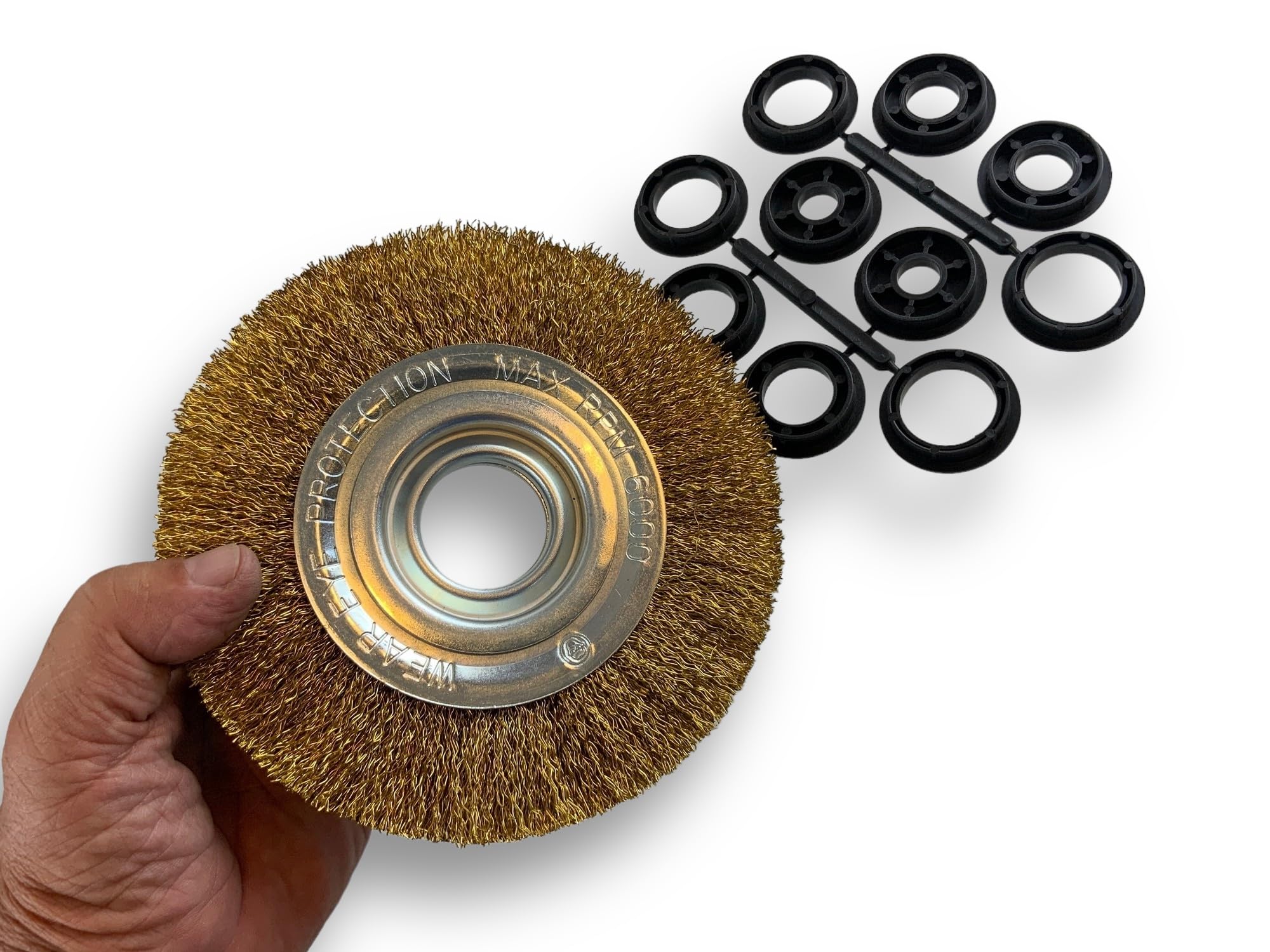 KIBROS 235152LV | Okrągła szczotka metalowa Otwór | Ø 150 mm | Mosiądz drut falisty 0,20 | Szlifierka warsztatowa | Reduktor Adapter | Polerowanie szlifowania zadziorów szczotkowania, 153 cm