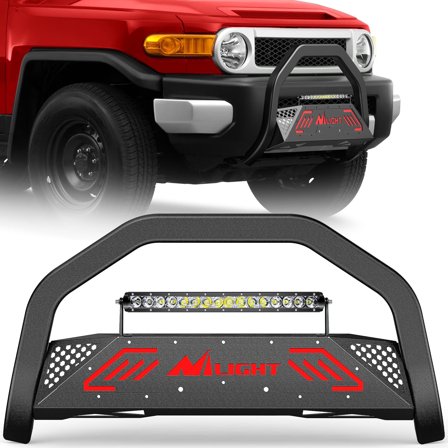 Nilight Bull Bar with Light Bar for Toyota FJ Cruiser 2007-2014 | Includes License Plate Hole Brush Guard, Front Bumper Push Bar w/Grille Skid Plate Light Mount
