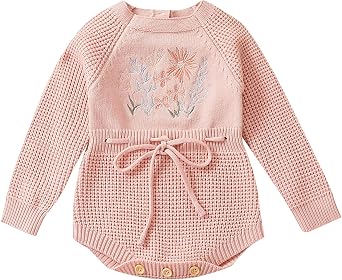 Baby Girl Romper Newborn Knit Outfit Embroidery Long Sleeve Ribbed Jumpsuit One Piece Bodysuit Fall Winter Clothes