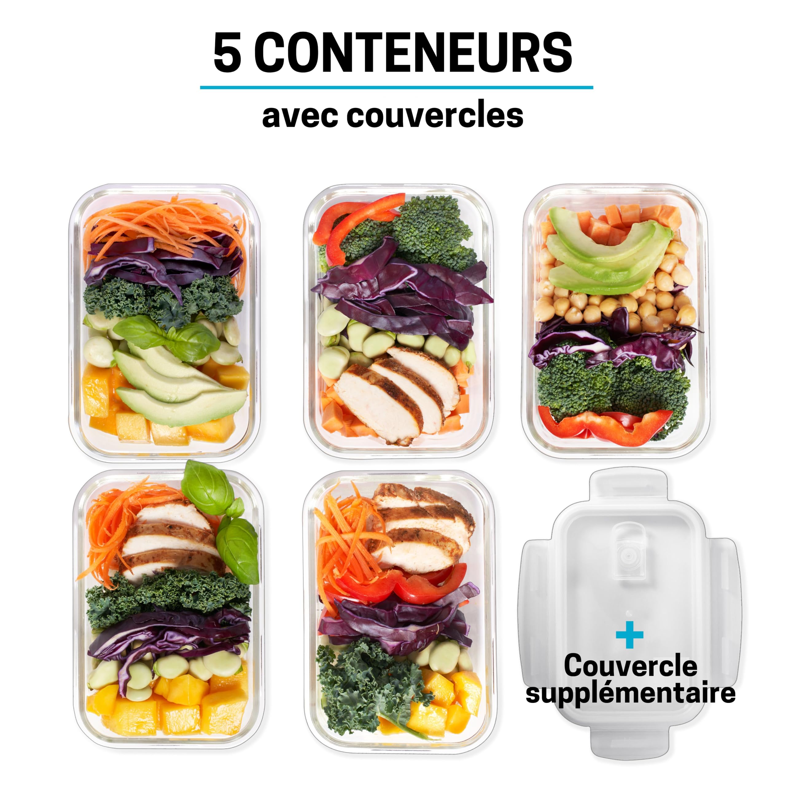 Igluu Meal Prep Boîtes Repas en Verre (Lot de 5+couvercle extra) – Couvercle hermétique et sans BPA – Compatibles micro-ondes, four, congélateur et lave-vaisselle – 840ml – Verre Borosilicate