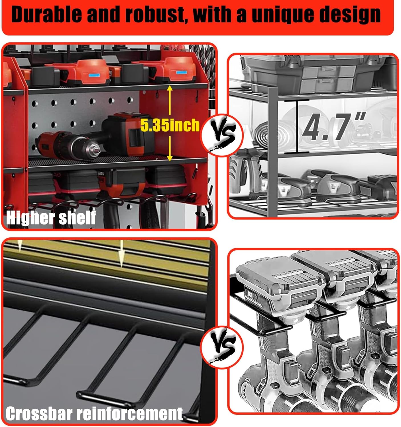 Power Tool Organizer Wall Mount, 12.6x16.5x8.7in 3 Layers Heavy Duty Drill Storage Rack Garage Tool Storage, Metal Tool Shelf for Cordless Drill, Battery, Hand Tools (Can Put Charging Station)