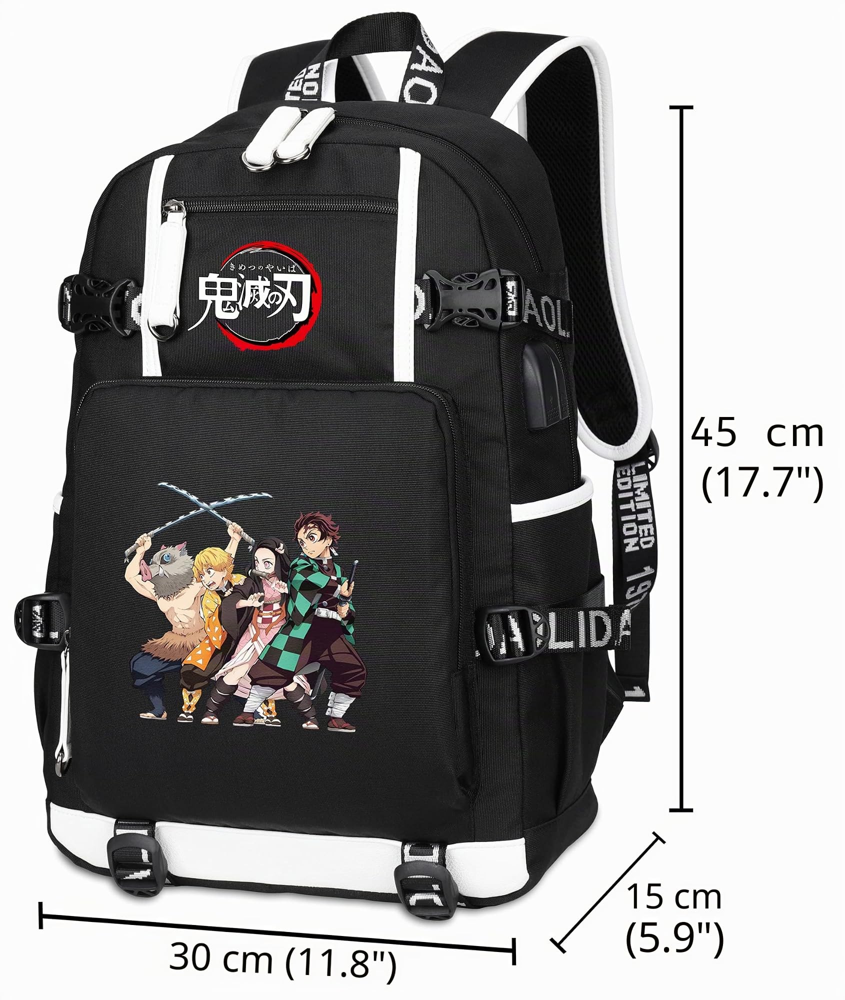Roffatide Anime Demon Slayer Mochila para computadora portátil impresa con puerto de carga USB y puerto para auriculares