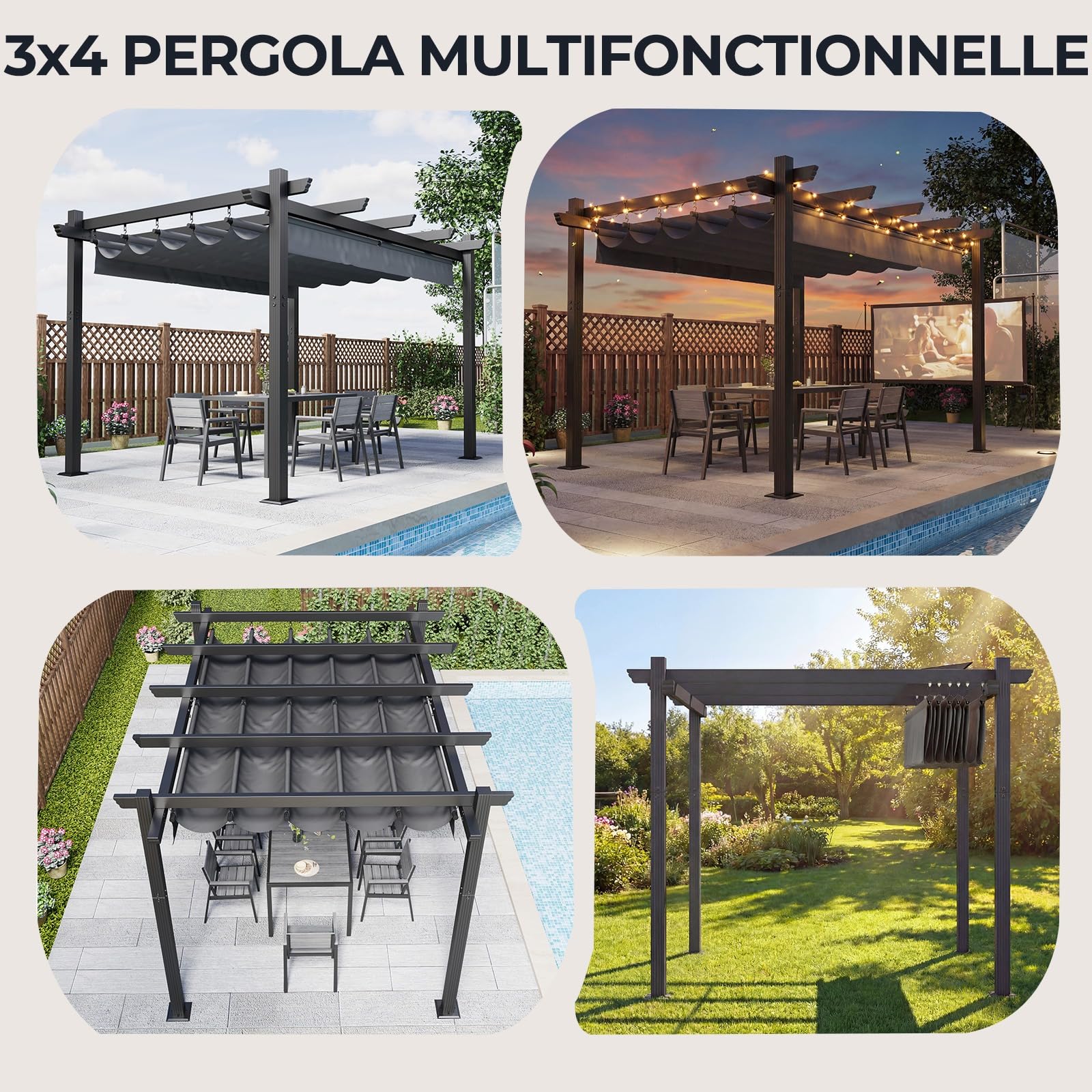 Devoko Pergola Aluminium 4x3, Pergola Jardin Exterieur, avec Fixations Magnétiques et Zone d'ombrage Réglable, Cadre en Aluminium, Convient pour Les Jardins et Les Cours,Gris