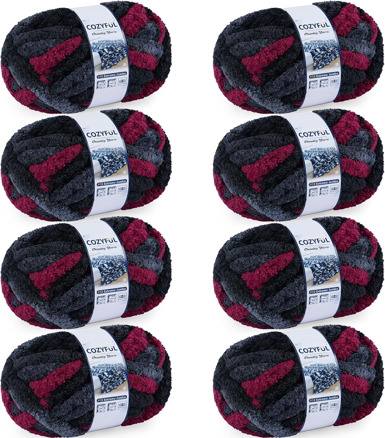Chunky Yarn for Hand Knitting - #10 Chunky Chenille Blanket Yarn, Jumbo Big Thick Chunky Yarns for Crocheting, Tie Dye Bulky Knit Yarns, 8 Skein (25 yds 8 oz Each Skein), Grey & Black & Red