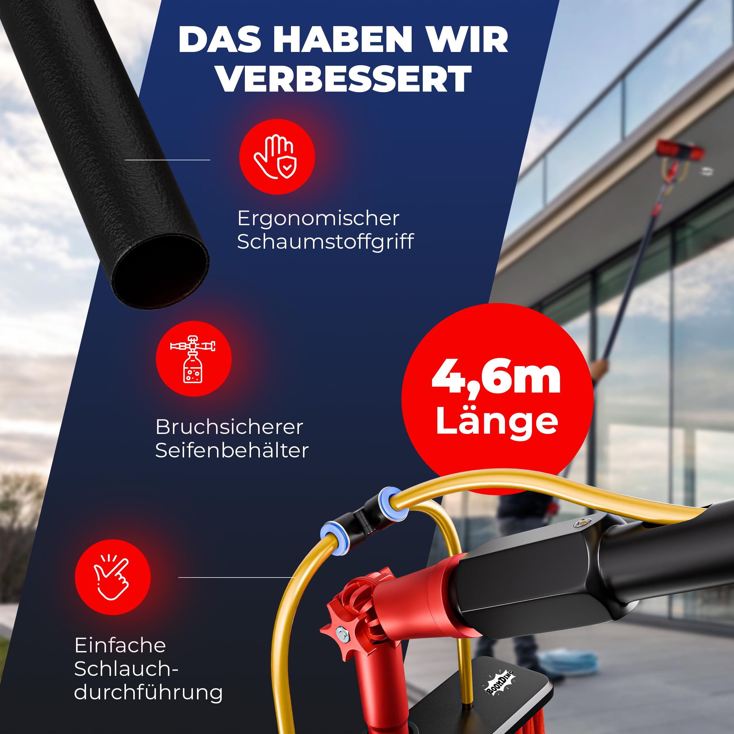 Teleskop Waschbürste | 4,6 Meter | Aluminium | Als Wintergarten Reinigungsset | Terrassendach Reiniger | PV Anlage Reinigung | Waschbürste mit Teleskopstiel | Teleskopbürste mit Wasseranschluss