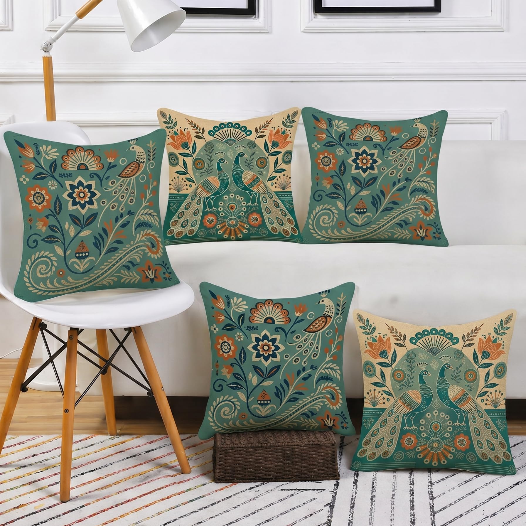 STITCHNEST Ethnic Satin Cushion Covers Twin Peacock with Floral Pattern, 16x16 Inch, Pack of 5 for Traditional Home Decor, Sofa Styling & Gifting