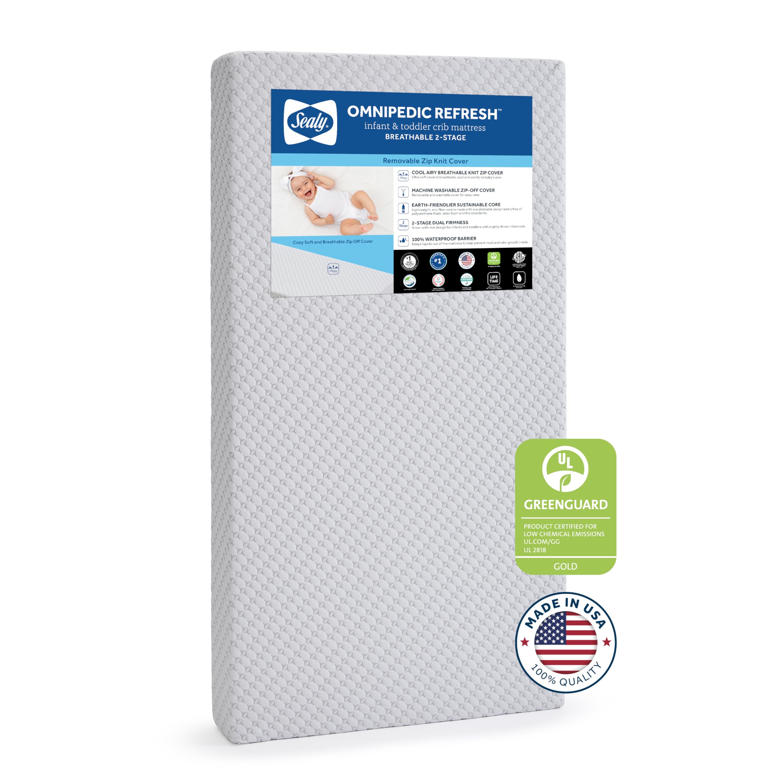 SEALY OmniPedic Refresh Breathable 2-Stage Crib Mattress & Toddler Mattress, Removable Washable Knit Cover, Baby Mattress for Crib, GREENGUARD Air Quality Certified, Made in USA, 52x28 Inches