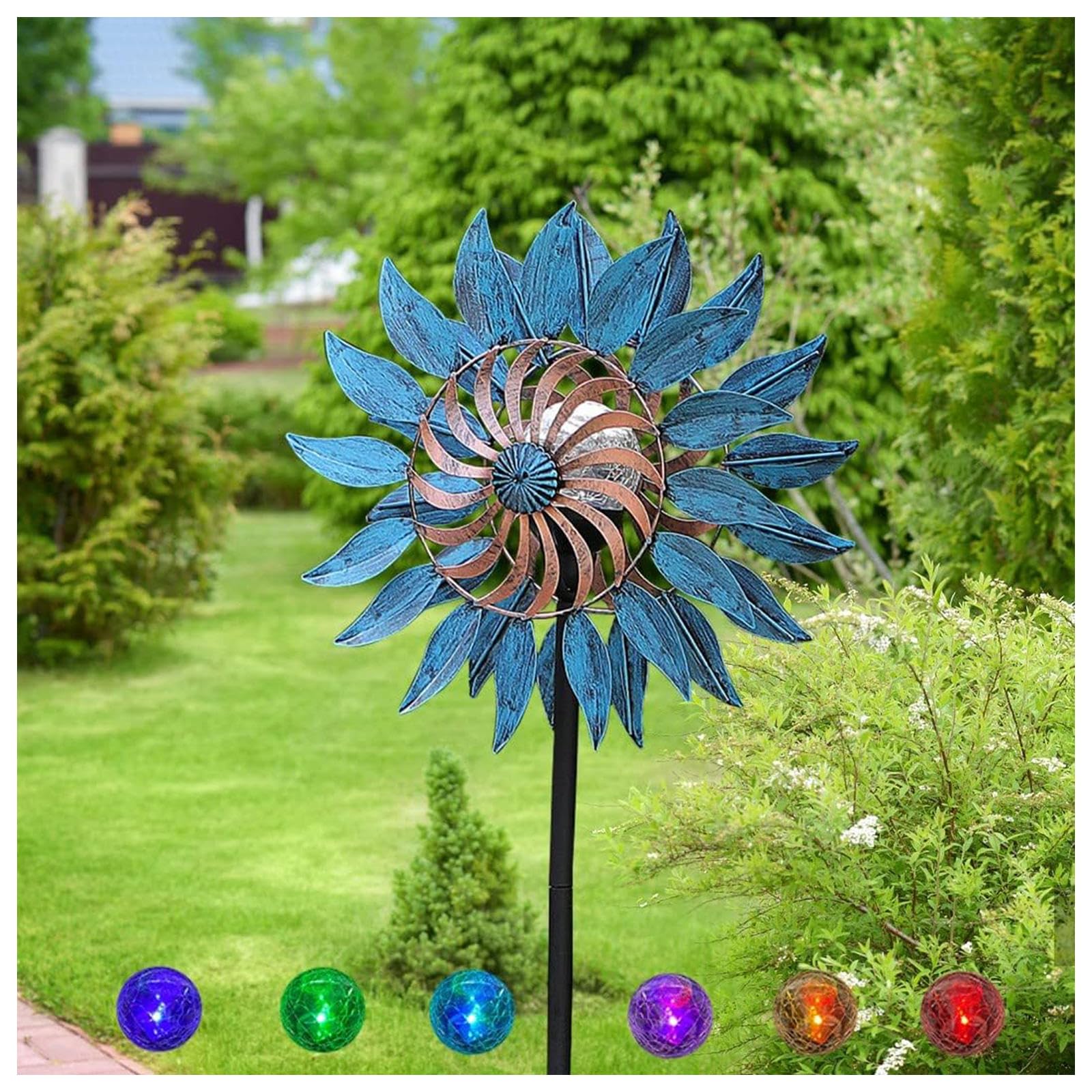 84in Large Wind Spinner, Metal Wind Sculptures, Solar Powered Glass Ball with Kinetic Backyard Wind Spinners