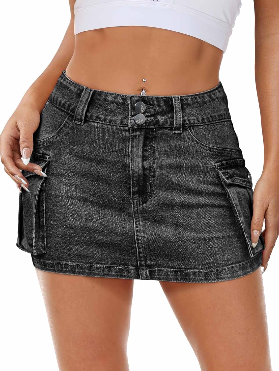 Mancreda Women Denim Cargo Skirt Mini Low Waist Button Bodycon Y2K Flap Pockets Skirts - Image 2
