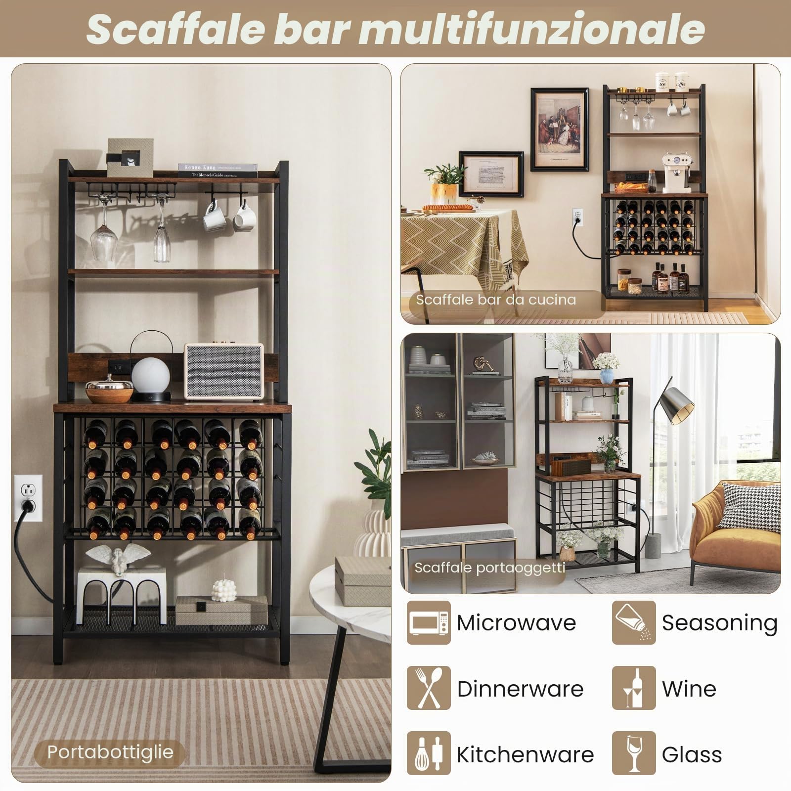 GIANTEX Scaffale Da Cucina Con Prese e Porte Usb, Armadietto Per Vino Con Supporto In Vetro Per 24 Bottiglie e 9 Bicchieri, Scaffale a 4 Livelli, 76 x 48 x 163 cm